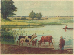 Véritable Chromolithographie : TROUPEAU DE VACHES AU BORD D'UN LAC. - Andere & Zonder Classificatie