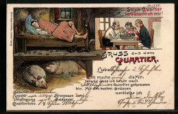 Künstler-AK Bruno Bürger & Ottillie Nr. 1772: Gruss Aus Dem Quartier, Mann Im Bett Einer ärmlichen Behausung Liegend  - Other & Unclassified