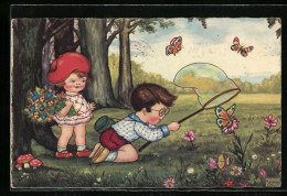 Künstler-AK Margret Boriss: Frühlingsboten, Junge Und Mädchen Fangen Schmetterlinge  - Boriss, Margret