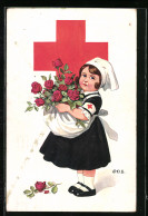 Künstler-AK P.O.Engelhard (P.O.E.): Rotkreuzschester Mit Rosen In Der Schürze  - Red Cross