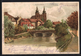 Lithographie Donaueschingen, Blick über Die Schützenbrücke Zur Kirche  - Donaueschingen