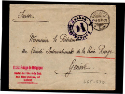 BELGIQUE.1915, OCCUPATION ALLEMANDE,LUTTICH  VIA CROIX-ROUGE BELGIQUE, HOPITAL, LIEGE VIA CROIX-ROUGE SUISSE - OC1/25 Generalgouvernement 