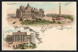 Lithographie Berlin, Reichstags-Gebäude Mit Siegessäule, Brandenburger Tor  - Tiergarten