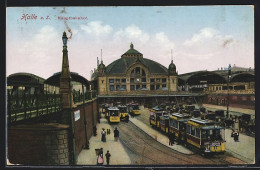 AK Halle / Saale, Hauptbahnhof Mit Strassenbahnen, Kutschen, Frau Mit Korb Auf Dem Rücken  - Autres & Non Classés