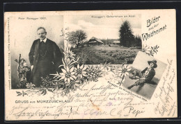 AK Mürzzuschlag, Peter Rosegger 1903, Geburtshaus Am Alpel, Rosegger Als Waldbauernbub  - Escritores