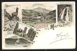 Lithographie Mariazell, Hotel Herrenhaus A. Erlaf-See, Ortsansicht M. D. Ötscher, Wasserfall In Der Grünau  - Autres & Non Classés