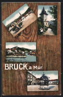AK Bruck A. Mur, Murpartie, Uhrturm, Partie Am Rathaus  - Other & Unclassified