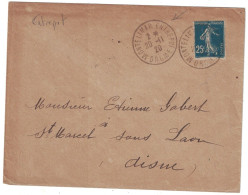 Drôme - Montélimar Entrepôt - 25c Semeuse Seul Sur Lettre - Lettre Pour St Marcel Sous Laon (Aisne) - 20 Novembre 1920 - Posttarife