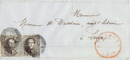 N°6 En Paire Horizontale Margée (avec Pli) S/LAC Obl. P13 BASTOGNE (22 OCT 1866) Vers LIEGE - 1851-1857 Médaillons (6/8)