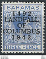 1942 Bahamas Columbus 3p. Variety Dot In Second "U" MNH - Other & Unclassified