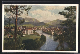 Künstler-AK Leoben, Ortsansicht Mit Fluss Und Brücke  - Andere & Zonder Classificatie