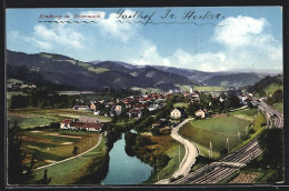 AK Kindberg, Ortsansicht Mit Der Kirche, Eisenbahngleise Und Bergpanorama  - Andere & Zonder Classificatie