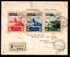 SOMALIA ITALIANA, BUSTA 1935, SASS. PA 2+5+6, MOGADISCIO X ZURIGO, SVIZZERA - Somalie