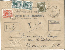 FRANCE - 1 Timbre Taxe N° 91, 1 N°92 Et 2 N°93 (belle Série Sur Une Enveloppe Du Service De Recouvrement De 1960) - Briefe U. Dokumente