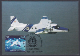 Inde India 2008 Maximum Max Card Indian Coast Guard, Dornier Patrol Aircraft, Aeroplane, Airplane, Sea, Ocean - Covers & Documents