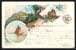 Lithographie Capri, Teilansicht, Tiberio, Segelboot  - Sonstige & Ohne Zuordnung