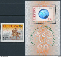 Mi 676 + Block 14 ** MNH / Lithuanian Postal Service 80th Anniversary, Mail Rider, Vilnius - Kraków, Hologram - Litouwen