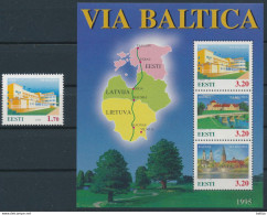 Mi 250 & Block 8 MNH ** / Via Baltica, Road, Infrastructure / Map, Chart, Pärnu, Bauska, Kaunas / Joint Issue - Estonia