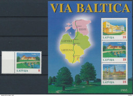 Mi 395-98 + Block 5 ** MNH / Via Baltica, Road, Infrastructure / Map, Chart, Pärnu, Bauska, Kaunas / Joint Issue - Lettland