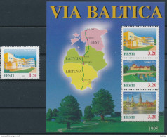 Mi 250 & Block 8 MNH ** / Via Baltica, Road, Infrastructure / Map, Chart, Pärnu, Bauska, Kaunas / Joint Issue - Estland