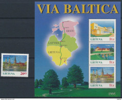 Mi 576 & Block 6 ** MNH / Via Baltica, Road, Infrastructure / Map, Chart, Pärnu, Bauska, Kaunas / Joint Issue - Lituania