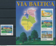 Mi 395-98 + Block 5 ** MNH / Via Baltica, Road, Infrastructure / Map, Chart, Pärnu, Bauska, Kaunas / Joint Issue - Lettland