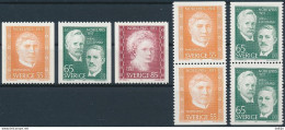 Sweden, Mi 734-736 ** MNH / Maurice Maeterlinck, Wilhelm Wien, Allvar Gullstrand, Marie Curie - Premio Nobel