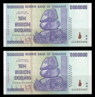 Zimbabwe 2008 Pair Banknotes 10 Billion Dollars ($10.000.000.000) P-85 Consecutive Serial Number XF AUNC - Simbabwe