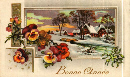 Petite Carte Mignonette     Bonne Année   Village, Pensées, Neige - New Year