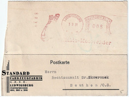 STANDARD Vehicle Factory Company Postcard Special Seal DR 006 Ludwigsburg 09.09.1931 - Cartes Postales