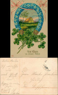 Neujahr Sylvester New Year Kleeblätter Hufeisen Aus Veilchen 1908 Goldrand - Autres & Non Classés