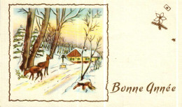 Petite Carte Mignonette       Bonne Année  Biches, Maison, Neige - New Year