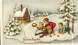 Petite Carte Mignonette       Bonne Année   Village, Neige, Enfants - New Year