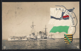 AK Kriegsschiff S.M.S. Thüringen Mit Einem Beiboot Vor Anker Liegend, Mit Torpedonetzen, Reichskriegsflagge  - Guerre