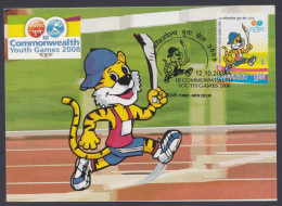 Inde India 2008 Maximum Max Card Commonwealth Youth Games, Sport, Sports, Athletics, Tiger, Mascot - Storia Postale