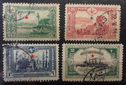 TURKIYE TURQUIE TURKEY 1914 4 Timbres ,Yvert 194, 195,196,198 Vues Et Croiseur Hamidié  Surchargé ETOILE ,obl TB - Used Stamps