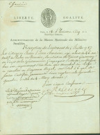 Révolution Administration Maison Militaires Invalides Certificat De Réception Lieutenant Jean Pierre Charière Gendarme - Politiques & Militaires