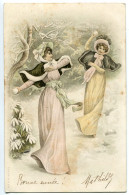 Jolie Pionnière - BONNE ANNÉE 2 Jeunes Femmes élégantes ( Costume Toilette ) Jouant Boules De Neige Dans Paysage Enneigé - New Year