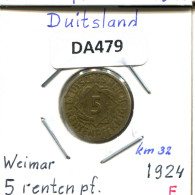 5 RENTENPFENNIG 1924 E ALEMANIA Moneda GERMANY #DA479.2.E.A - 5 Rentenpfennig & 5 Reichspfennig