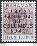 1942 Bahamas Columbus 5s. Variety Dot In Second "U" MNH - Autres & Non Classés