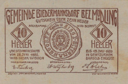 10 HELLER 1920 Stadt BIEDERMANNSDORF Niedrigeren Österreich Notgeld #PE975 - [11] Local Banknote Issues