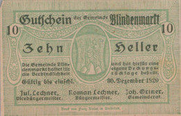 10 HELLER 1920 Stadt BLINDENMARKT Niedrigeren Österreich Notgeld #PF153 - [11] Local Banknote Issues