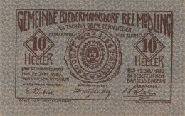 10 HELLER 1920 Stadt BIEDERMANNSDORF Niedrigeren Österreich Notgeld #PE972 - [11] Local Banknote Issues