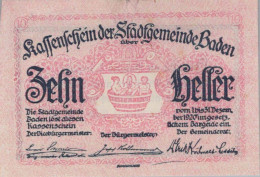 10 HELLER 1920 Stadt BADEN BEI WIEN Niedrigeren Österreich Notgeld #PJ235 - [11] Local Banknote Issues