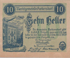 10 HELLER 1920 Stadt PURKERSDORF Niedrigeren Österreich Notgeld #PE312 - Lokale Ausgaben