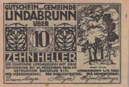 10 HELLER 1920 Stadt LINDABRUNN Niedrigeren Österreich Notgeld #PD792 - Lokale Ausgaben