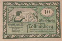 10 HELLER 1920 Stadt KOLLMITZBERG Niedrigeren Österreich Notgeld #PD722 - [11] Emissions Locales