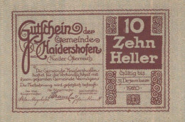 10 HELLER 1920 Stadt HAIDERSHOFEN Niedrigeren Österreich Notgeld Papiergeld Banknote #PG869 - Lokale Ausgaben