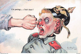 WW1 ILLUSTRATEUR DUFRESNE UN POING C'EST TOUT CASQUE A POINTE CACHET VERSO HOPITAL MILITAIRE BELFORT - War 1914-18