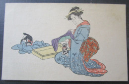 Japon Femme Japonaise Chien Et Chat    Cpa Peinte Et Dessinée - Otros & Sin Clasificación